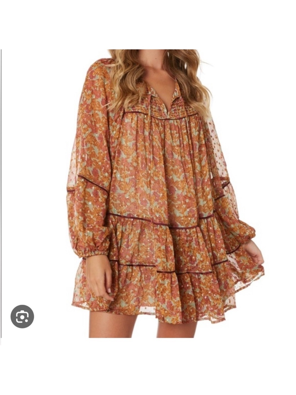 Free People Floral Ruffle Tiered Mini Dress in Rust Multi